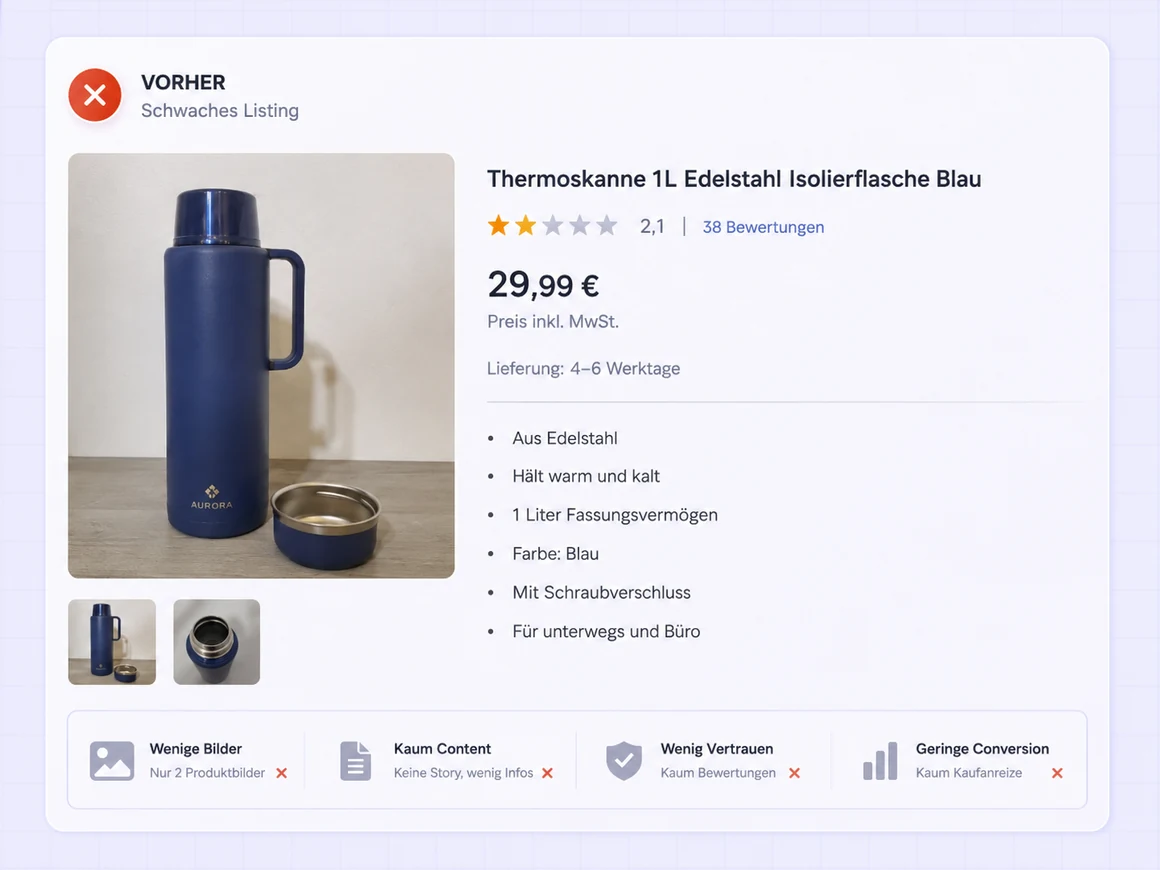 Amazon-Listing vorher: schwaches Listing